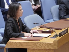 wrz.  Minister spraw zagranicznych Niemiec Annalena Baerbach przemawia podczas posiedzenia Rady Bezpieczeństwa wysokiego szczebla na temat sytuacji na Ukrainie w siedzibie Organizacji Narodów Zjednoczonych, czwartek, 22, 2022.
