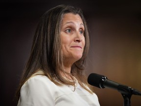Deputy Prime Minister and Minister of Finance Chrystia Freeland pauses while responding to questions during the second day of a Liberal cabinet retreat, in Vancouver, on Wednesday, September 7, 2022.