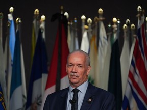 B.C. Premier John Horgan addresses the Union of B.C. Municipalities Convention, in Whistler, B.C., on Friday, Sept. 16, 2022. Horgan says the New Democrat government's crime-fighting agenda involves more than increasing arrests of alleged violent offenders.