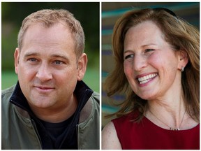This combo of images shows Republican challenger Matt Larkin, left, in an image provided by Campaign for Matt Larkin, and U.S. Rep. Kim Schrier, D-Wash., 8th District, in Issaquah, Wash., on July 30, 2022. (Mark Andrew/The Campaign for Matt Larkin, left: and Kori Suzuki/The Seattle Times via AP)