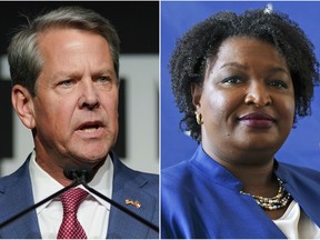 FILE - This combination of photos shows Georgia Gov. Brian Kemp, left, on May 24, 2022, in Atlanta, and gubernatorial Democratic candidate Stacey Abrams on Aug. 8, 2022, in Decatur, Ga. Early in-person voting begins in Georgia on Monday, Oct. 17, hours before the candidates for governor meet in the first of two scheduled debates. Democrats in particular are trying to push their supporters to cast ballots early in races that include a pivotal U.S. Senate seat.