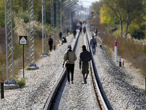 Migrants walk on the railway tracks near a border line between Serbia and Hungary, near village of Horgos, Serbia, Thursday, Oct. 20, 2022. Located at the heart of the so-called Balkan route, Serbia recently has seen a sharp rise in arrivals of migrants passing through the country in search of a better future in the West.
