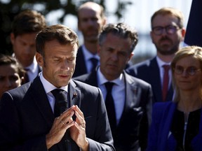 French President Emmanuel Macron delivers a speech at the Sub-Prefecture in Saint-Nazaire after a visit at the Saint-Nazaire offshore wind farm, off the coast of the Guerande peninsula in western France, Thursday, Sept. 22, 2022.