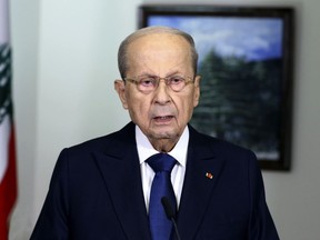 In this photo released by Lebanon's official government photographer Dalati Nohra, Lebanese president Michel Aoun addresses a speech on the maritime border agreement between Lebanon and Israel in the presidential palace, in Baabda, east of Beirut, Lebanon, Thursday, Oct. 13, 2022. Aoun said Thursday that the cash-strapped country has approved a U.S.-mediated maritime border deal with Israel.