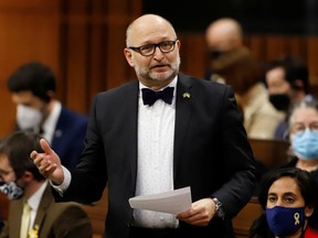 Justice Minister and Attorney General David Lametti speaks during question period in the House of Commons in Ottawa on April 7.