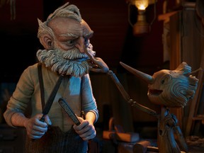 Boop! Geppetto (David Bradley) and Pinocchio (Gregory Mann) in Guillermo Del Toro's Pinocchio.