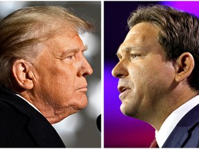 Former U.S. President Donald Trump and Florida Governor Ron DeSantis are seen speaking at midterm election rallies in November 2022.