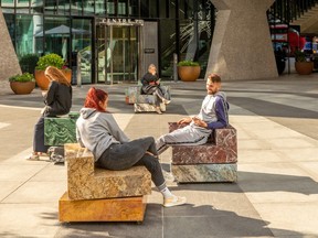 The Dutch artist Sabine Marcelis created Swivel, an installation in London’s St. Giles Square that features colourful rotating marble seats.