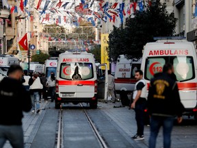 View of ambulances at the scene after an explosion on busy pedestrian Istiklal street in Istanbul, Turkey, November 13, 2022.