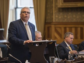New Brunswick Finance Minister Ernie Steeves delivers the provincial budget in the legislature in Fredericton, New Brunswick on Tuesday, March 19, 2019.