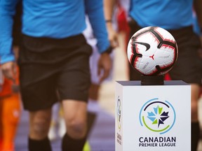 The game ball sits on a pedestal ahead of the inaugural soccer match of the Canadian Premier League between Forge FC of Hamilton and York 9 in Hamilton, Ont. Saturday, April 27, 2019. The Canadian Premier League is rejigging its salary structure and increasing its minimum player salary for next season.