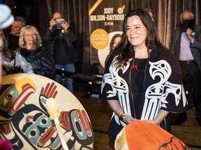 Independent candidate Jody Wilson-Raybould celebrates her election win in Vancouver, B.C., on Monday, October 21, 2019.&ampnbsp;Wilson-Raybould says she wants people to see reconciliation as "a call to action to all of us." The former Independent member of Parliament and justice minister explores the topic in a new book.