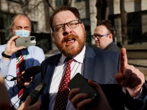 Freedom Corp. lawyer Brendan Miller speaks to the media after being kicked out of the Public Order Emergency Commission in Ottawa, November 22, 2022.