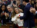 Canada's Deputy Prime Minister and Finance Minister Chrystia Freeland is congratulated after delivering the Fall Economic Statement in the House of Commons on Parliament Hill in Ottawa, Ontario, Canada November 3, 2022. REUTERS /Blair Gable