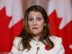 Canada's Deputy Prime Minister and Minister of Finance Chrystia Freeland attends a news conference about the fall economic statement in Ottawa, Ontario, Canada November 3, 2022. REUTERS/Blair Gable