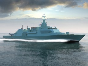 Artist's rendering of the Type 26 Global Combat Ship which is expected to be the backbone of Canada's navy in the future. Instead of tying up two-thirds of Canada’s military capital in surface vessels that may soon prove to be too vulnerable to leave port, perhaps resources should be redirected towards capabilities that might be more effective, John Ivison writes.