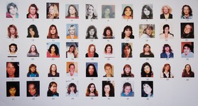 A placard showing 48 missing women from the downtown eastside of Vancouver