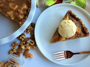 Apple pie, a quintessential fall dessert, is given a nourishing twist with a nut crust and chai-spiced filling.