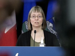 Dr. Deena Hinshaw, then-Alberta Chief Medical Officer of Health, provides an update on COVID-19 in the province during a press conference in Edmonton on March 23, 2022.