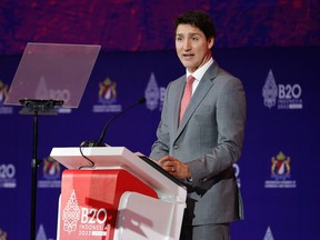 Canadian Prime Minister Justin Trudeau delivers his address during the B20 Summit, ahead of the G20 leaders' summit, in Nusa Dua, Bali, Indonesia, November 14, 2022. REUTERS/Willy Kurniawan