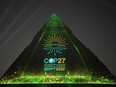 Khafre Pyramid, one of the three ancient pyramids of Giza, is illuminated in recognition of the COP27 climate conference, being held in Sharm el-Sheikh, Egypt, Nov. 6 to 18, 2022.