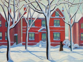 House in the Ward, Winter, City Painting No. 1 by Lawren Harris, consigned from a prestigious corporate collection, depicts an optimistic, snowy day in Toronto in the 1920s, featuring intense colours and radiant sunlight.