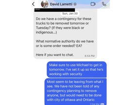 Texts messages sent by Justice Minister David Lemetti on Jan. 30 during the Freedom Convoy protests