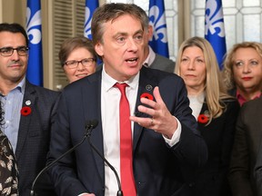 Interim Quebec Liberal Leader Marc Tanguay speaks during a news conference at the Legislature in Quebec City on Nov. 10, 2022.
