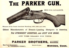 An antique ad for Parker breech loading shotguns. The extremely low rate of fire on break action shotguns make them a particularly unpopular choice for criminals.
