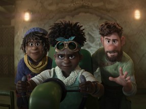 Strange World characters voiced by Jaboukie Young-White, Gabrielle Union and Jake Gyllenhaal.