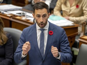 Ontario Education Minister Stephen Lecce speaks during question period in the Ontario Legislature on November 1, 2022, as members debate a bill meant to avert a planned strike by 55,000 education workers.