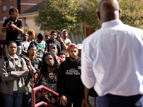 Rev. Raphael Warnock, Democratic Senator from Georgia, speaks to students at Atlanta University during a midterm election campaign event in Atlanta, on Nov. 8.