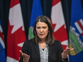 Danielle Smith holds her first press conference as Alberta premier in Edmonton, on Tuesday, Oct. 11, 2022. She is expected to find out today if she has a seat in the legislature.
