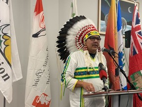 Red Sucker Lake First Nation Chief Sam Knott addresses a news conference in Winnipeg on Wednesday, Nov. 2, 2022. Chiefs from four remote First Nations in Manitoba are calling for the provincial and federal governments to work together with them to build a hospital in their area.