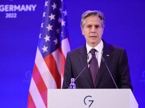 U.S. Secretary of State Antony Blinken speaks during a press conference after the G7 Foreign Ministers summit at the historical city hall on November 4, 2022 in Muenster, Germany.