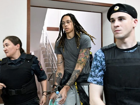 FILE: US WNBA basketball superstar Brittney Griner arrives to a hearing at the Khimki Court, outside Moscow on June 27, 2022.