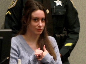 Casey Anthony sits in the courtroom during her sentencing hearing on charges of lying to a law enforcement officer at the Orange County Courthouse July 7, 2011 in Orlando, Florida. Anthony was acquitted of murder charges on July 5, 2011 but will serve four, one-year sentences on her conviction of lying to a law enforcement officer.