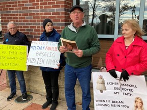 David Lorenz, Maryland director for the Survivors Network of those Abused by Priests, speaks at a sidewalk news conference outside the U.S. Conference of Catholic Bishops gathering in Baltimore on Wednesday,November 16 16