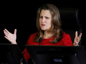 Canada's Deputy Prime Minister and Minister of Finance Chrystia Freeland testifies at the Public Order Emergency Commission in Ottawa.