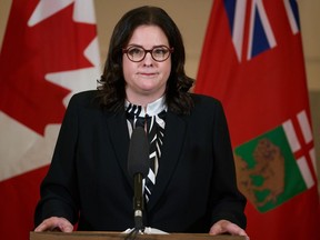 Manitoba Premier Heather Stefanson speaks to the media at a press conference at the Manitoba legislature in Winnipeg on Tuesday, Jan. 18, 2022.