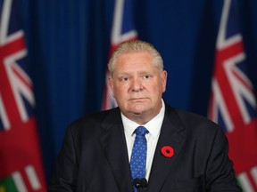 Ontario Premier Doug speaks during a press conference at Queen's Park in Toronto on Monday Nov. 7, 2022.&ampnbsp;Ford is justifying his proposal to remove a swath of land from the environmentally protected Greenbelt in order to build homes by saying the housing crisis has worsened and will become more dire because of increased immigration.&ampnbsp;THE CANADIAN PRESS/Nathan Denette