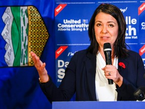 United Conservative Party Leader and Premier Danielle Smith celebrates her win in a by-election in Medicine Hat, Alta., on Nov. 8.