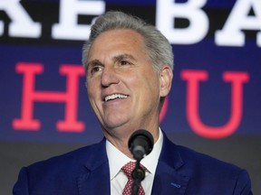 House Minority Leader Kevin McCarthy of Calif., speaks at an election event, early Wednesday, Nov. 9, 2022, in Washington.