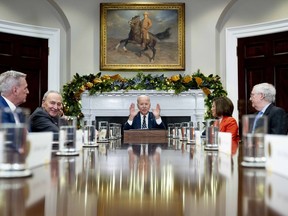 President Joe Biden, center, at the top of a meeting with congressional leaders to discuss legislative priorities for the rest of the year, Tuesday, Nov. 29, 2020, in the Roosevelt Room of the White House in Washington. From left are House Minority Leader Kevin McCarthy of Calif., Senate Majority Leader Chuck Schumer, of N.Y., Biden, House Speaker Nancy Pelosi of Calif., and Senate Minority Leader Mitch McConnell of Ky.