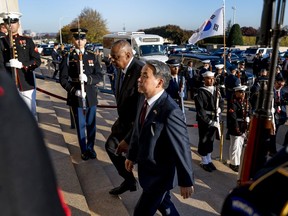 Secretary of Defense Lloyd Austin and South Korea's Minister of National Defense Lee Jong-sup participate in an honor cordon at the Pentagon, Thursday, Nov. 3, 2022, in Washington.