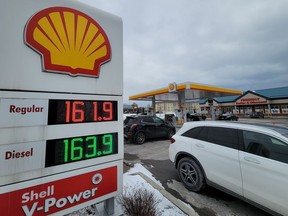 Gas prices are shown at a Newcastle, Ontario Shell station on Saturday February 26, 2022.&ampnbsp;Ford said his government intends to table legislation that would leave the tax break that cut 5.7 cents a litre in place until the end of 2023.&ampnbsp;THE CANADIAN PRESS/Doug Ives