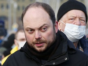 FILE --- Vladimir Kara-Murza, Russian opposition activist, arrives to lay flowers in Moscow, Russia, Feb. 27, 2021 near the place where Russian opposition leader Boris Nemtsov was gunned down. The imprisoned Russian opposition activist who was honored by a human rights advocacy group dedicated his award to the thousands of people who have been arrested or detained in Russia for protesting President Vladimir Putin's war in Ukraine.