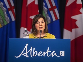 Education Minister Adriana LaGrange provides an update on COVID-19 and back-to-school guidance in Edmonton on Aug. 13, 2021. She says she will take advice from the province's new chief medical health officer on whether to allow school boards to bring in mask mandates in schools with respiratory illness outbreaks.