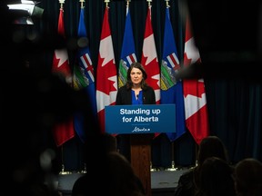 Alberta Premier Danielle Smith speaks at a press conference after the speech from the throne in Edmonton, Tuesday, Nov. 29, 2022. Constitutional law experts say it's unlikely Ottawa will rush to fight Alberta over a proposed sovereignty bill that would give the provincial government new powers to resist what it considers federal intrusion.