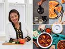 Clockwise from left: Author Luladey Moges, buna (Ethiopian traditional coffee ceremony), ambasha (Ethiopian traditional bread) and doro wot (spicy chicken stew) from Enebla.